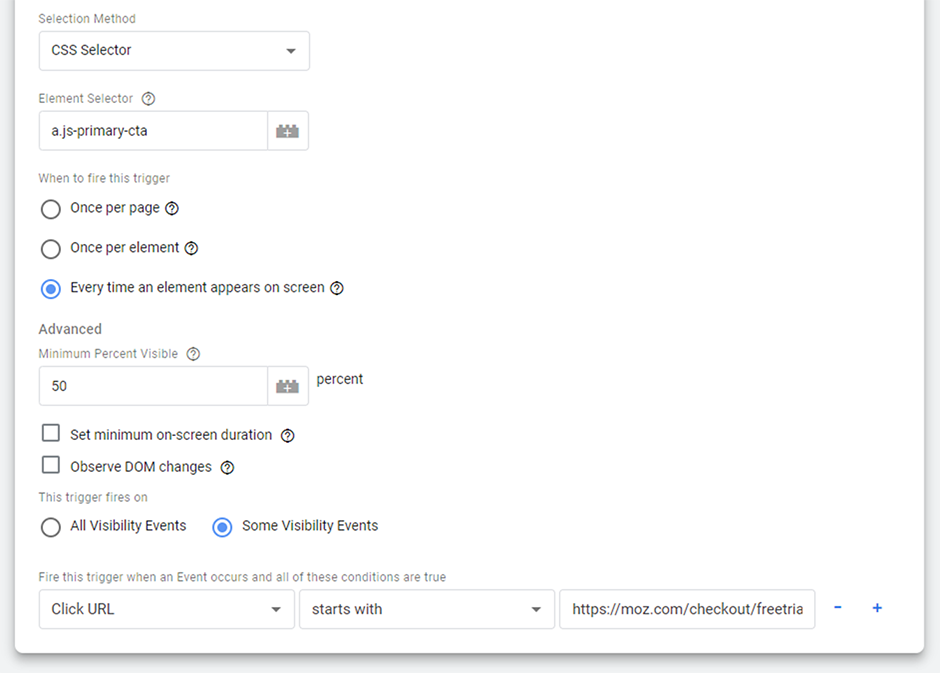 A screenshot from Google Tag Manager shows the condition added Element Visibility trigger described above.