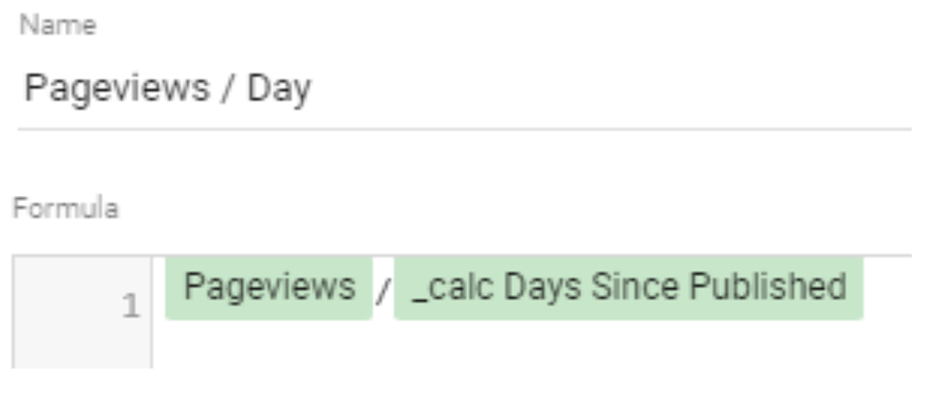 A screenshot of GA4 shows a math calcuation of Pageviews / _calc Days Since Published