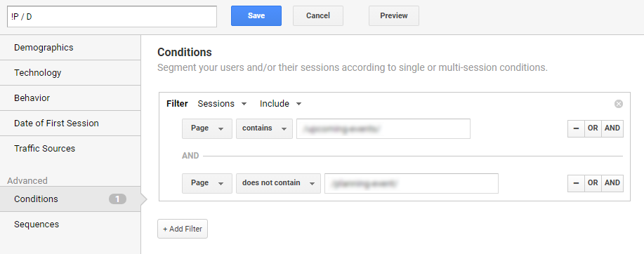 Conditions as it appears in a Google Analytics dashboard.