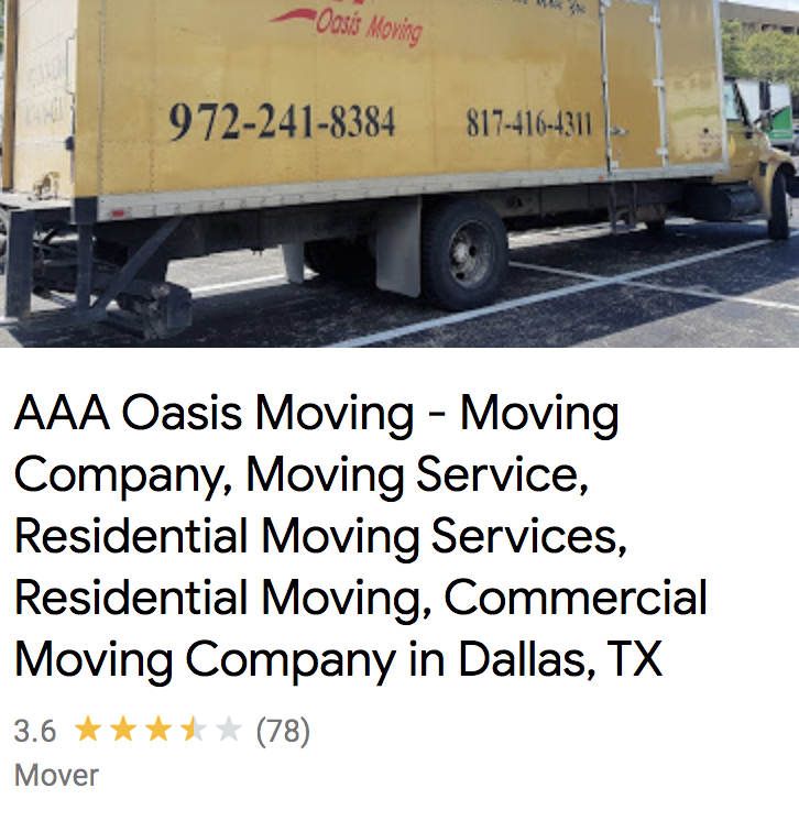 A spammy GMB listing that says "AAA Oasis Moving - Moving Company, Moving Service, Residential Moving Services, Residential Moving, Commercial Moving Company in Dallas, TX"