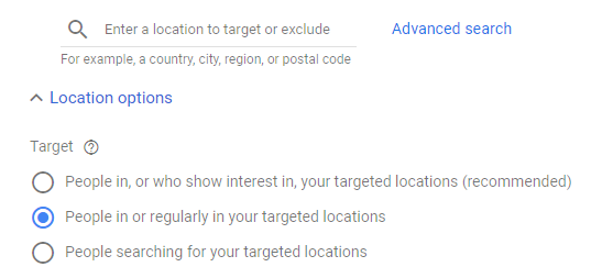 Location settings in Google Ads with one radio button selected