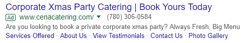 A Google search result shows ad copy for Party Catering.