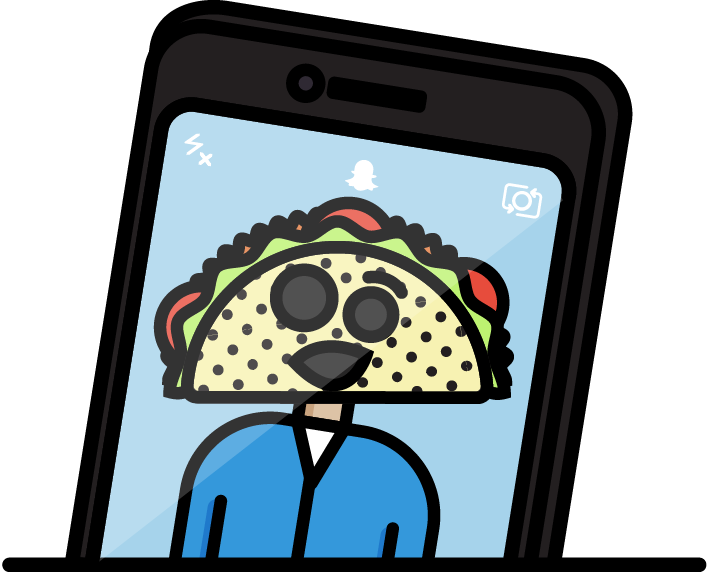 Illustration of a taco head snapchat filter on an iphone