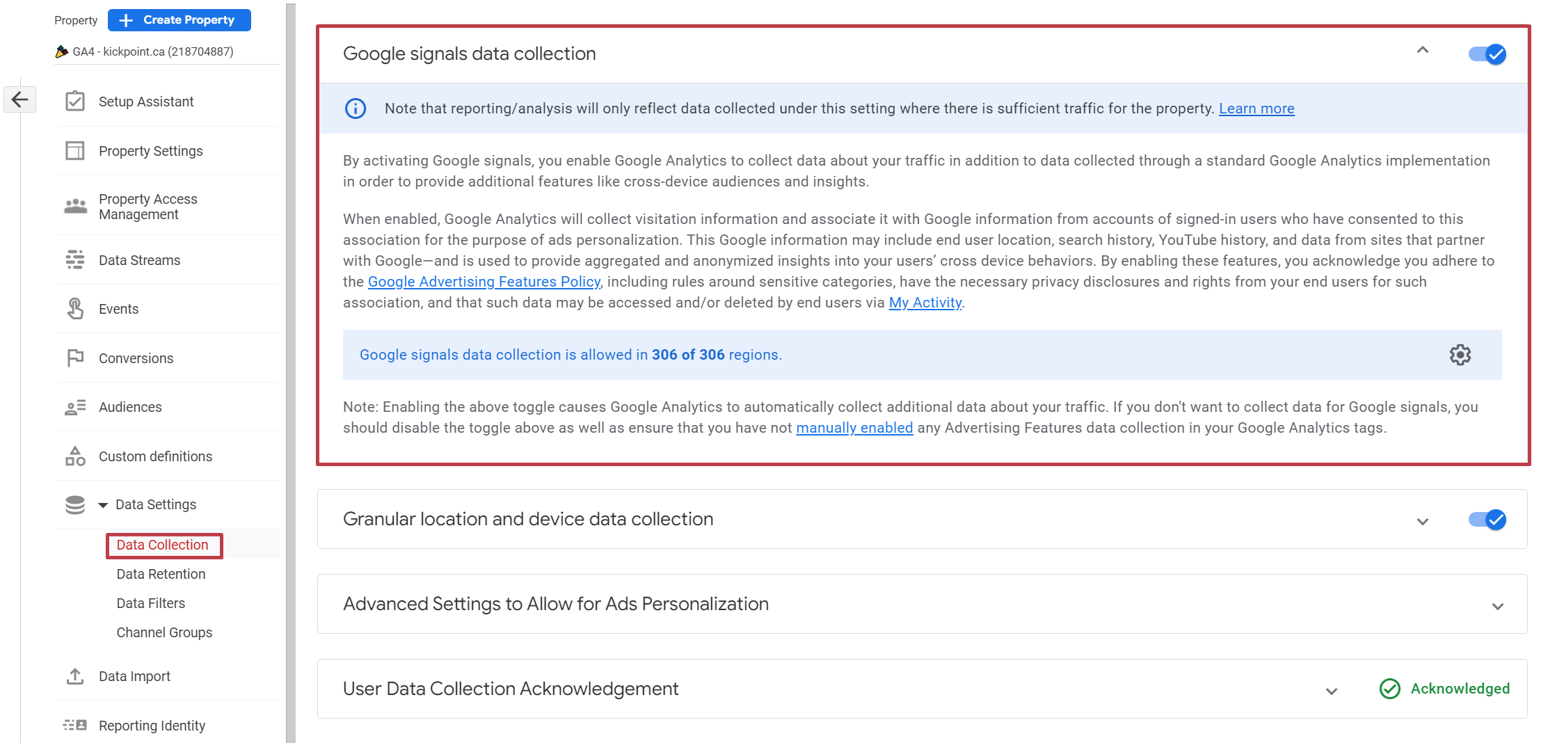 Google signals data collection permission setting in GA4