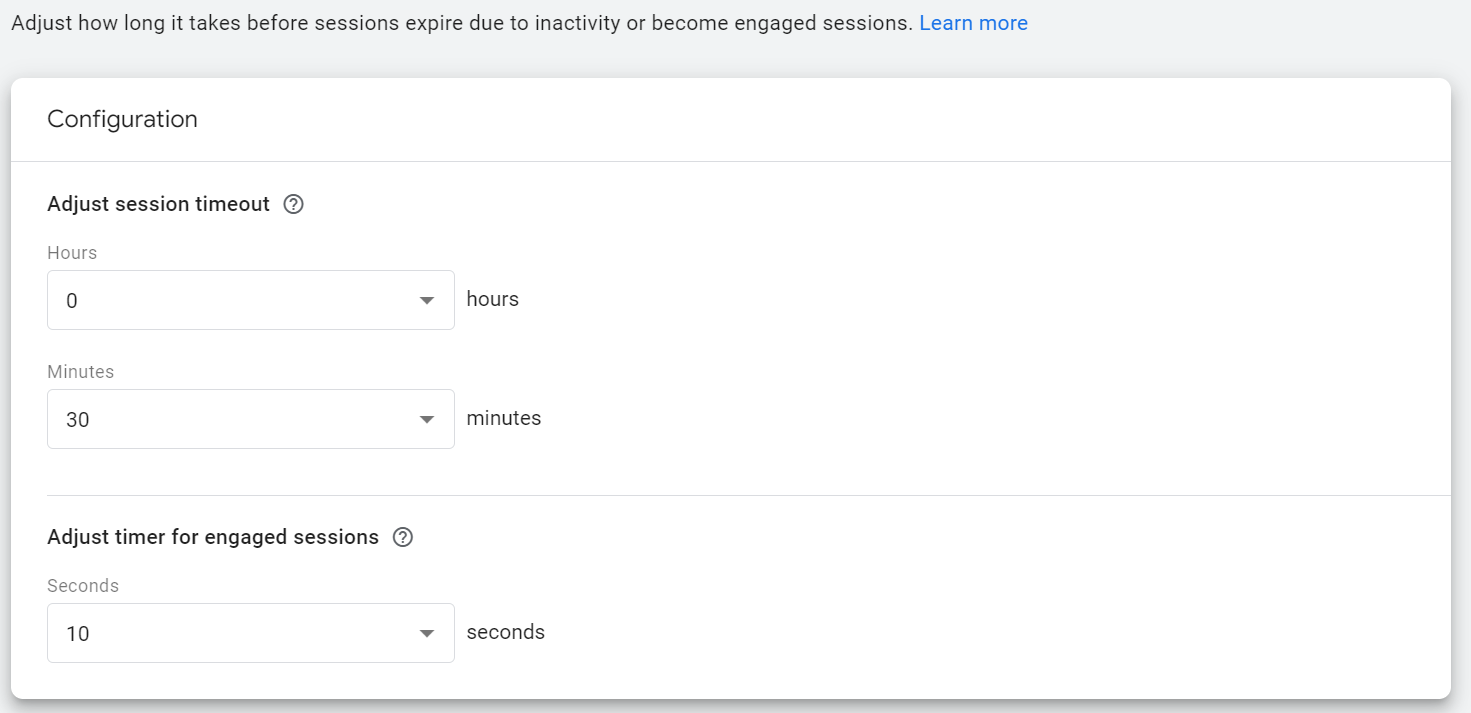 GA4 settings to adjust how long it takes for a session to expire due to inactivity or to become an engaged session.