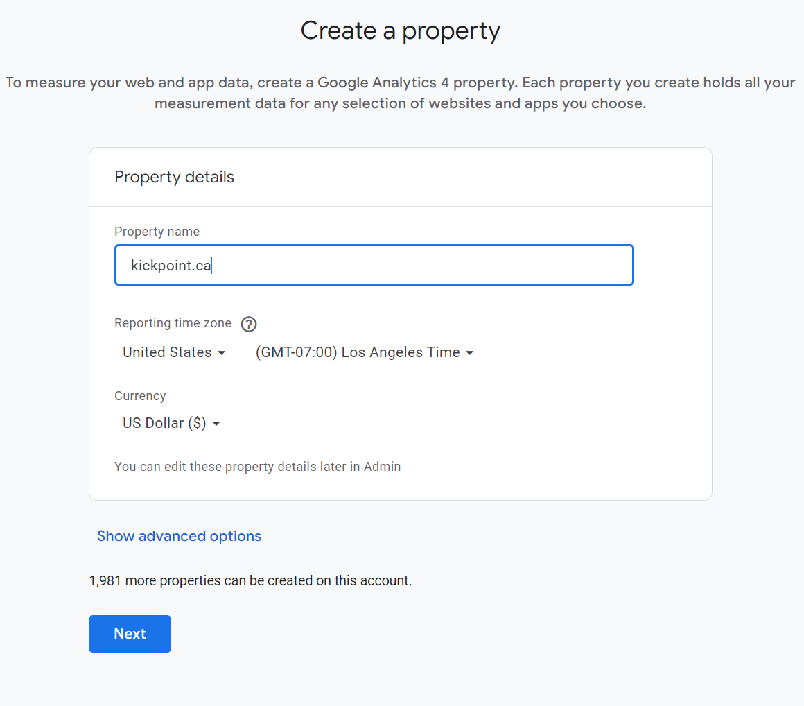 GA4 create a property form