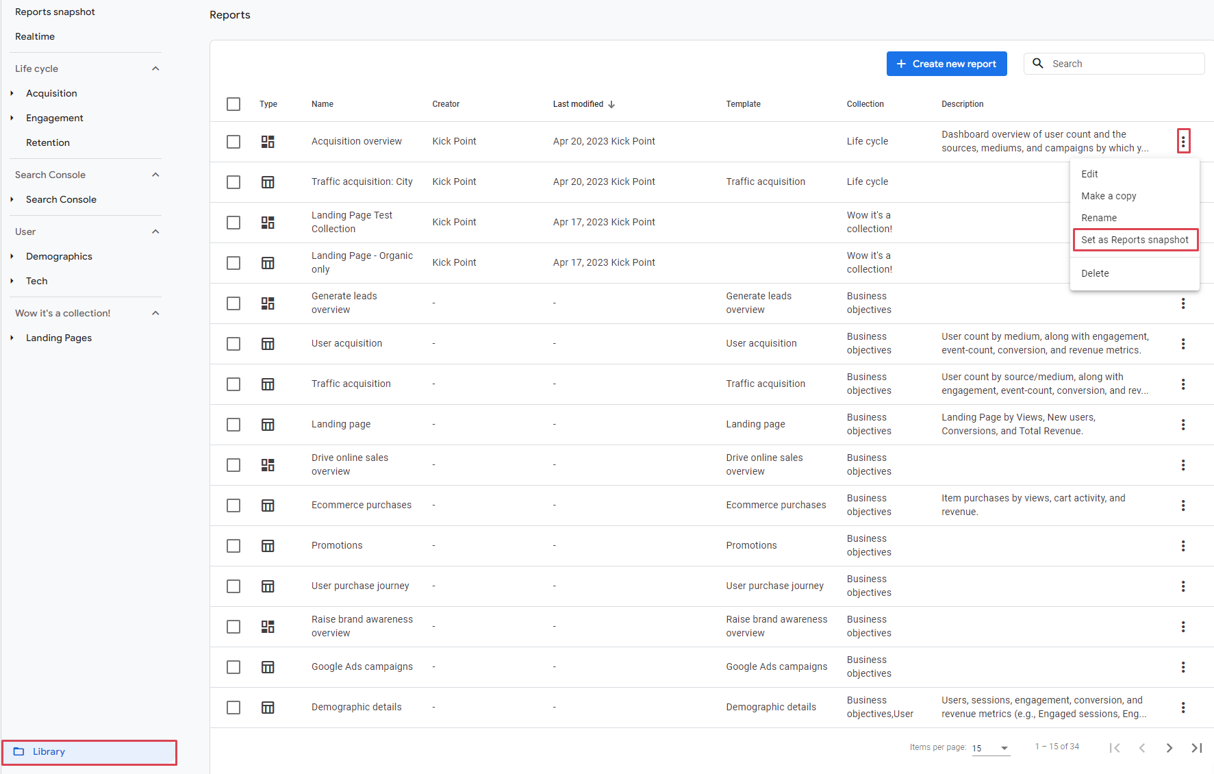 Creating a custom report in GA4 by using the Library feature