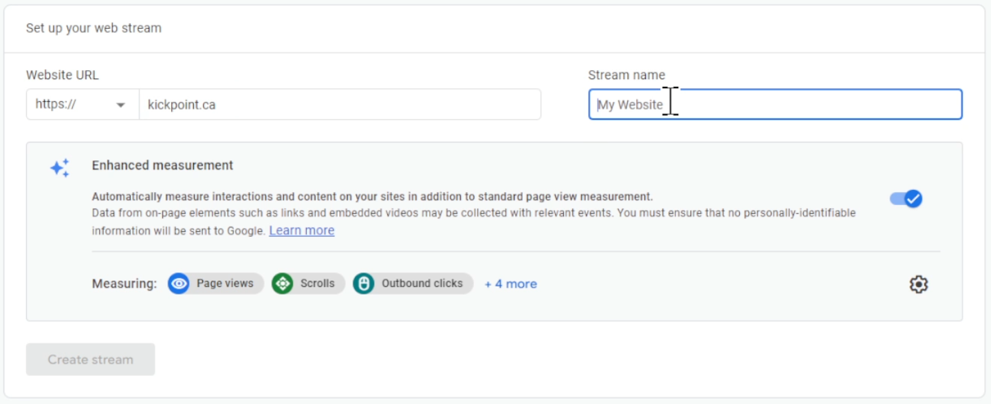 GA4 web stream setup for data collection