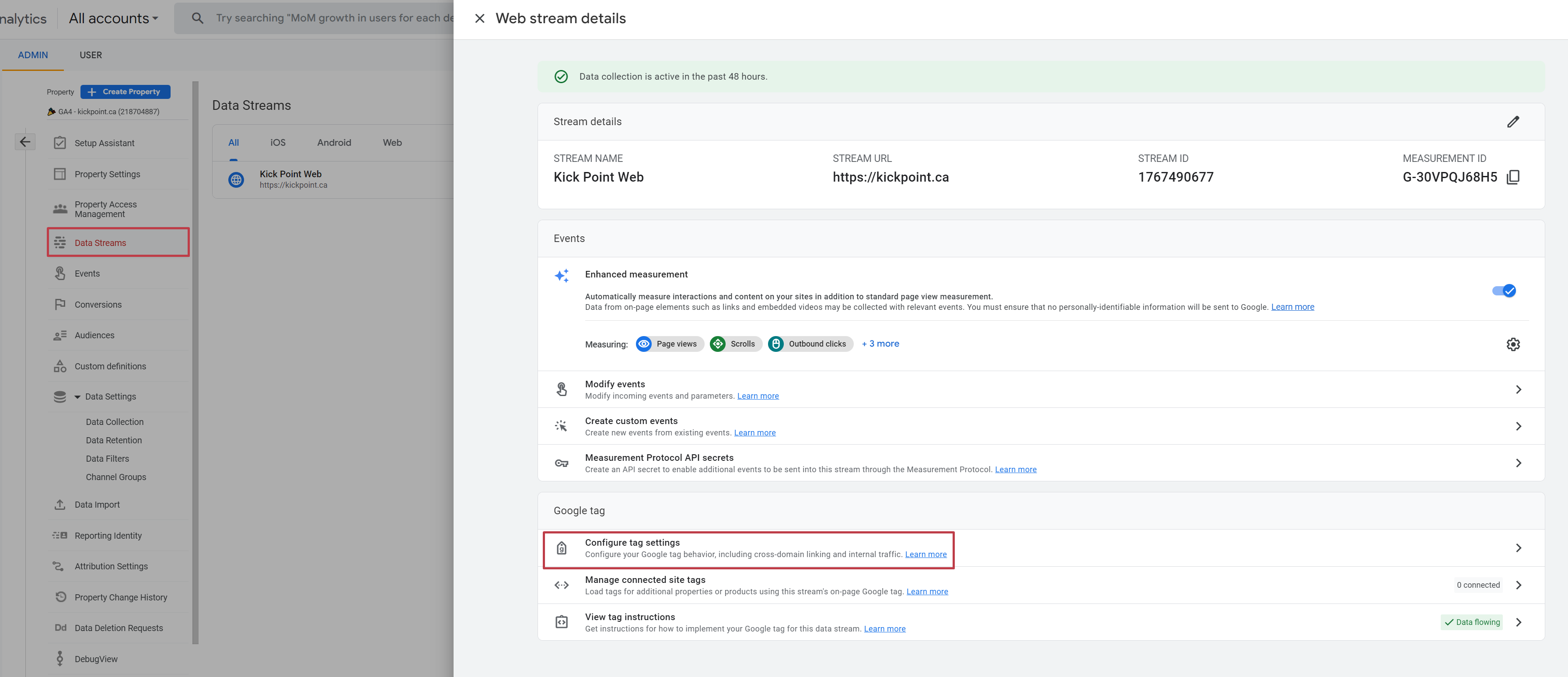 Data streams configuration settings for cross domain tracking.