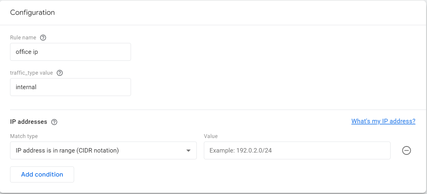 Configuration settings for excluding internal traffic from GA4 data collection