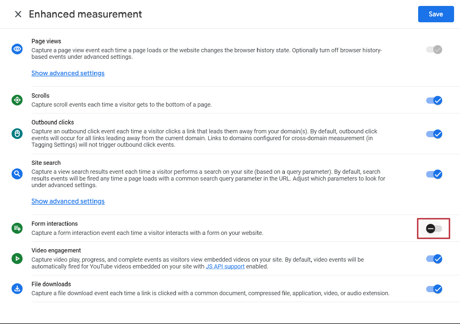 GA data stream setup for web property enhanced measurement features