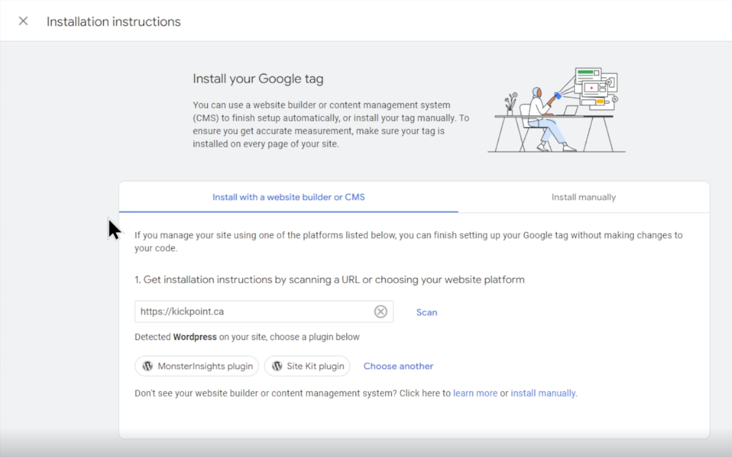 Options for installing your GA4 tag (measurement ID) on your website to start tracking data.