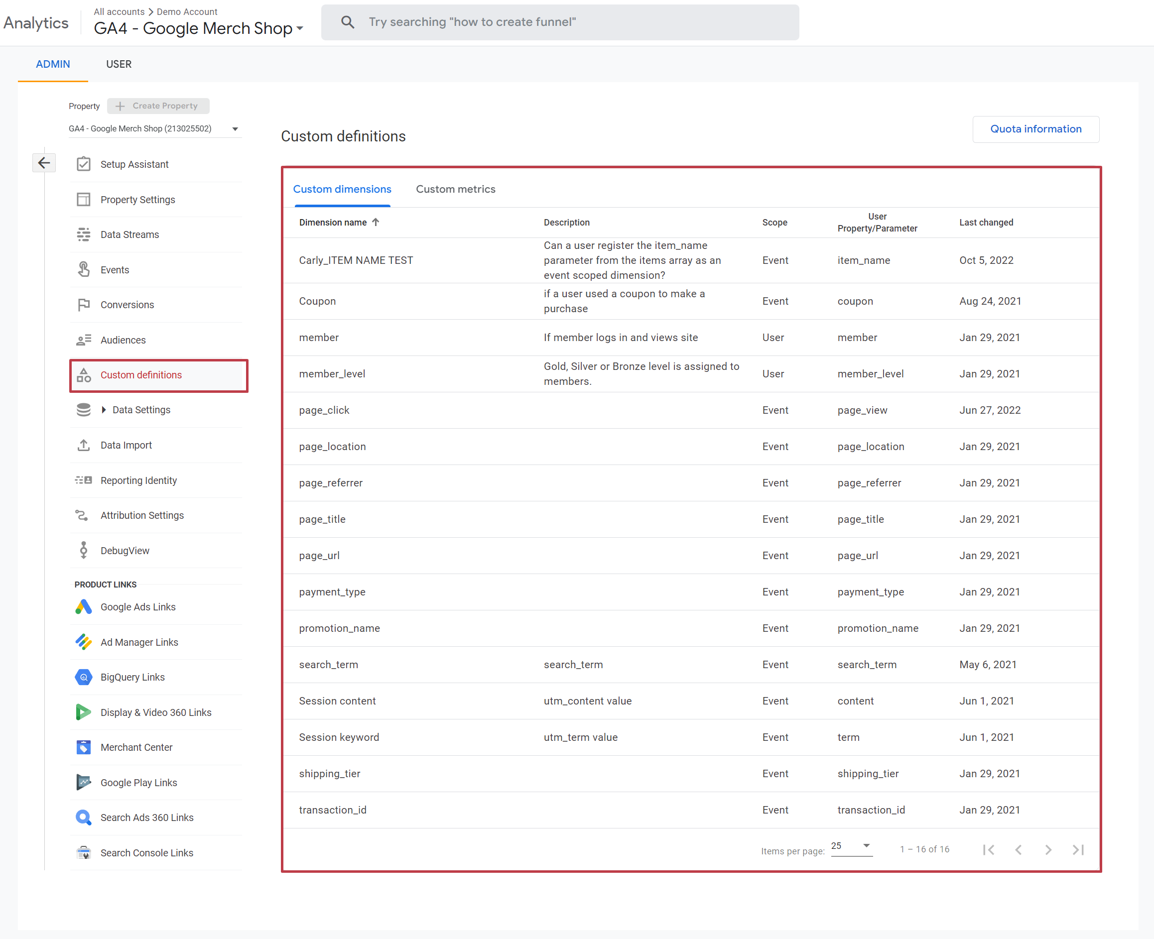 Custom definitions view in GA4 interface. This is where you register your event parameters