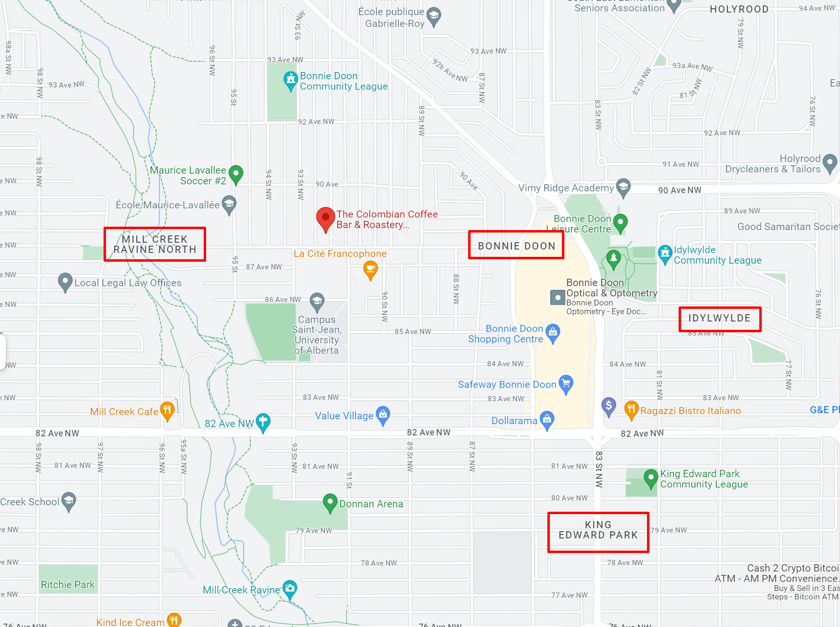 Example of localities or surrounding neighbourhoods that Google Maps identifies near a local business that can be optimized for in title tags.