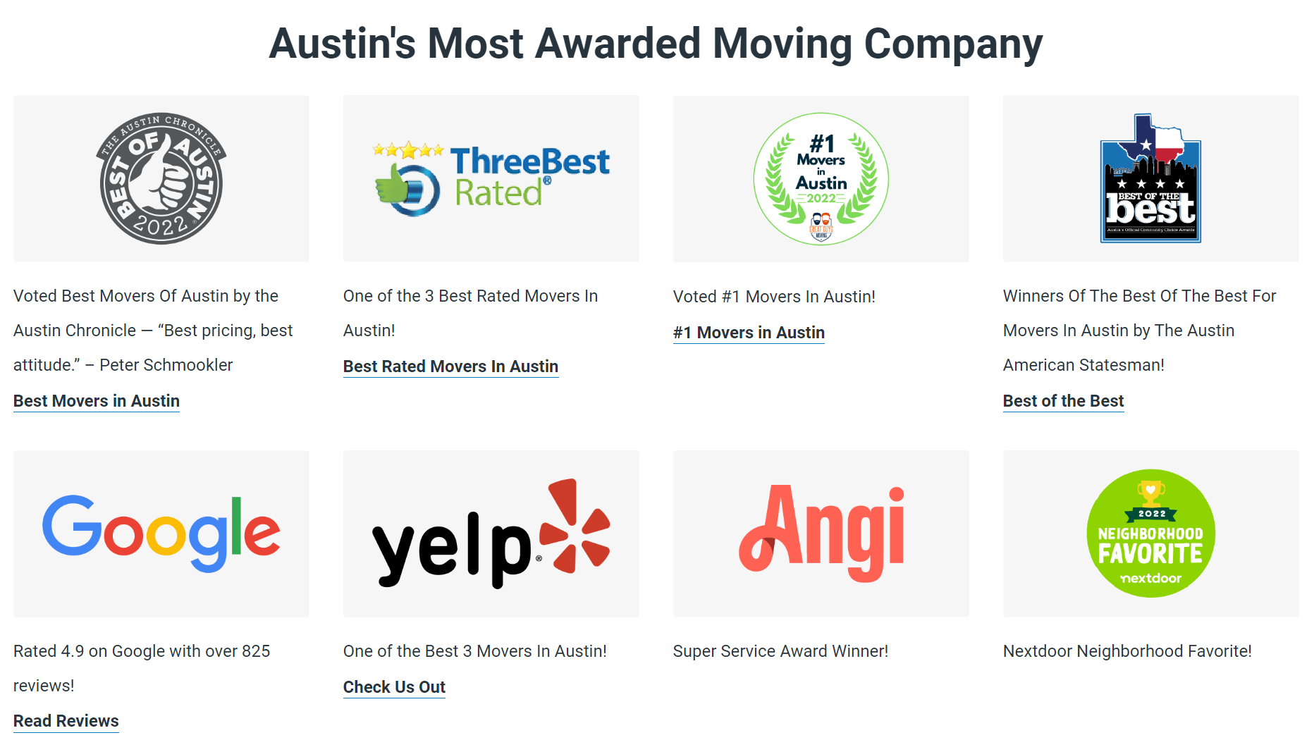 Example of social proof on location page for moving company showcasing awards and review sites