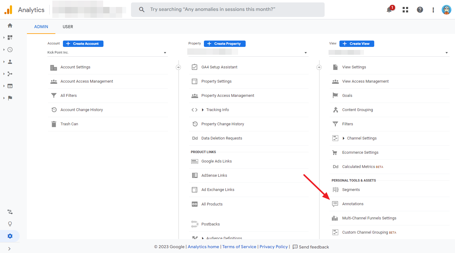 Universal Analytics Admin Dashboard view with arrow pointing to Annotation