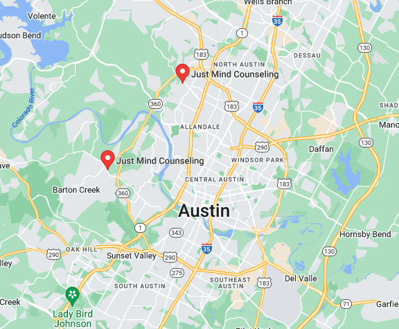 Google Map view of business Just Mind Counselings' two Austin locations