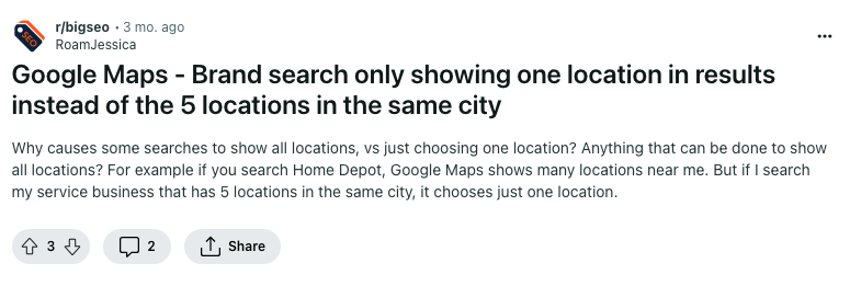 Google Maps brand search only showing one location in results instead of the 5 locations in the same city, why?