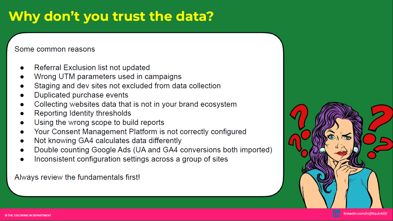 Cartoon of confused person next to list of common reasons why people don't trust marketing data
