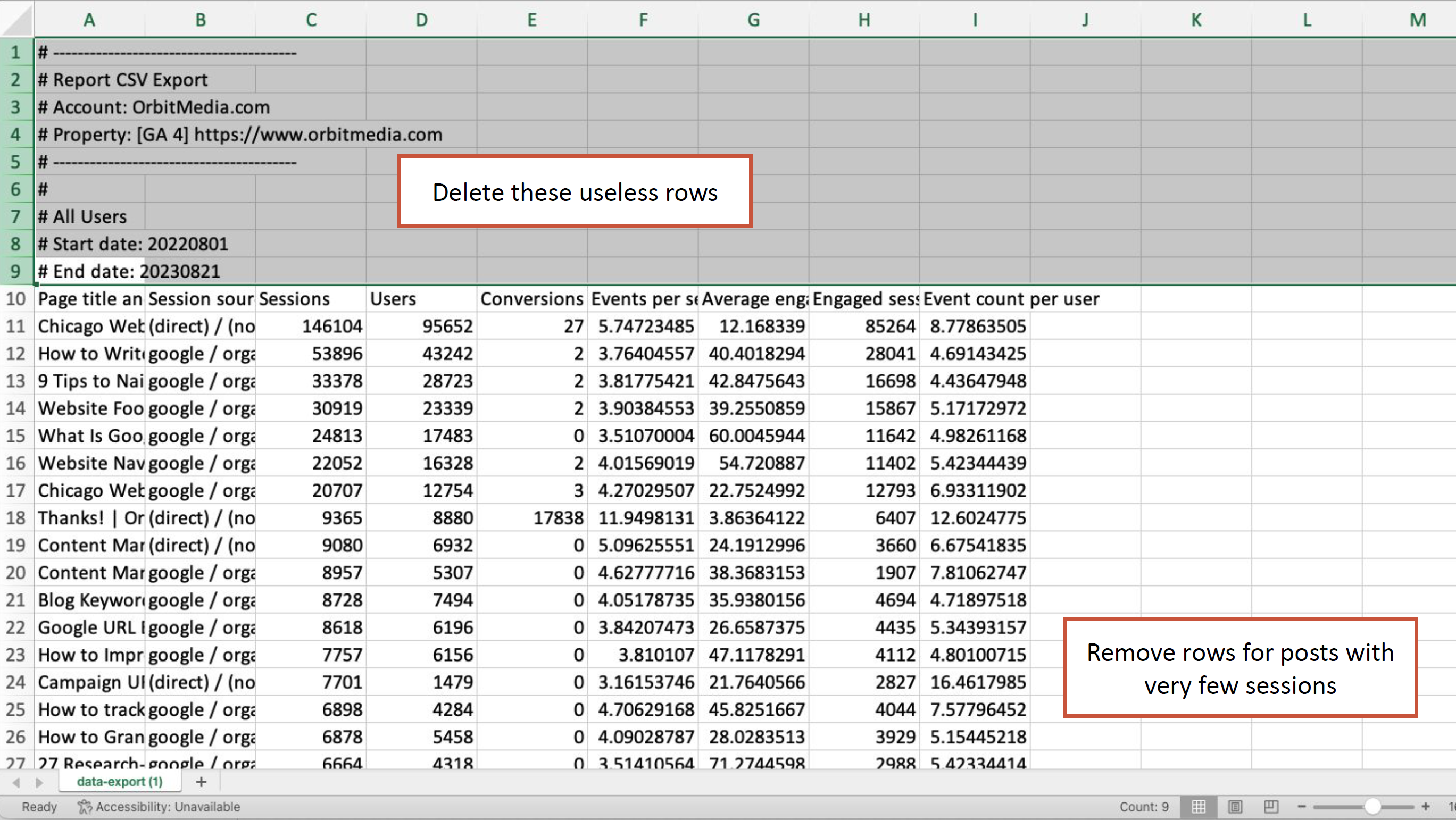 CSV Export from GA4 with 9 rows of Useless Data that need to be deleted.