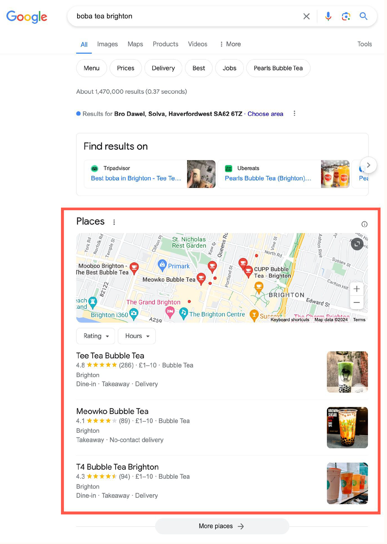 Example of Local Pack and Map search results in Google