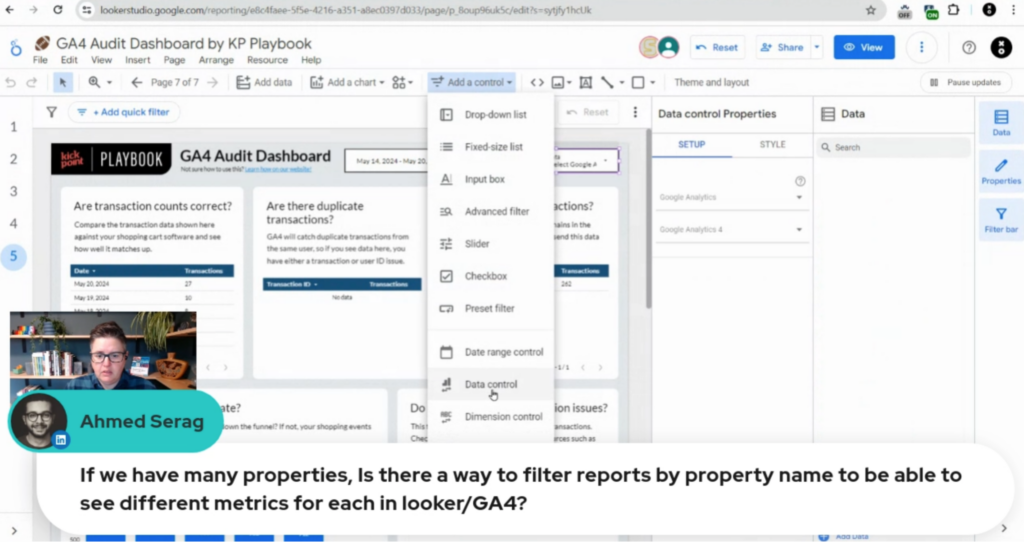 Adding data controls to GA4 audit dashboard by KP Playbook