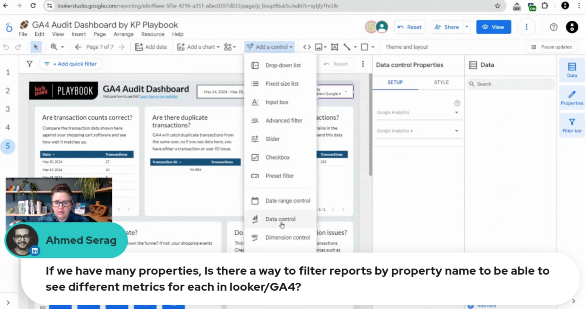 Adding controls to GA4 audit dashboard by KP Playbook