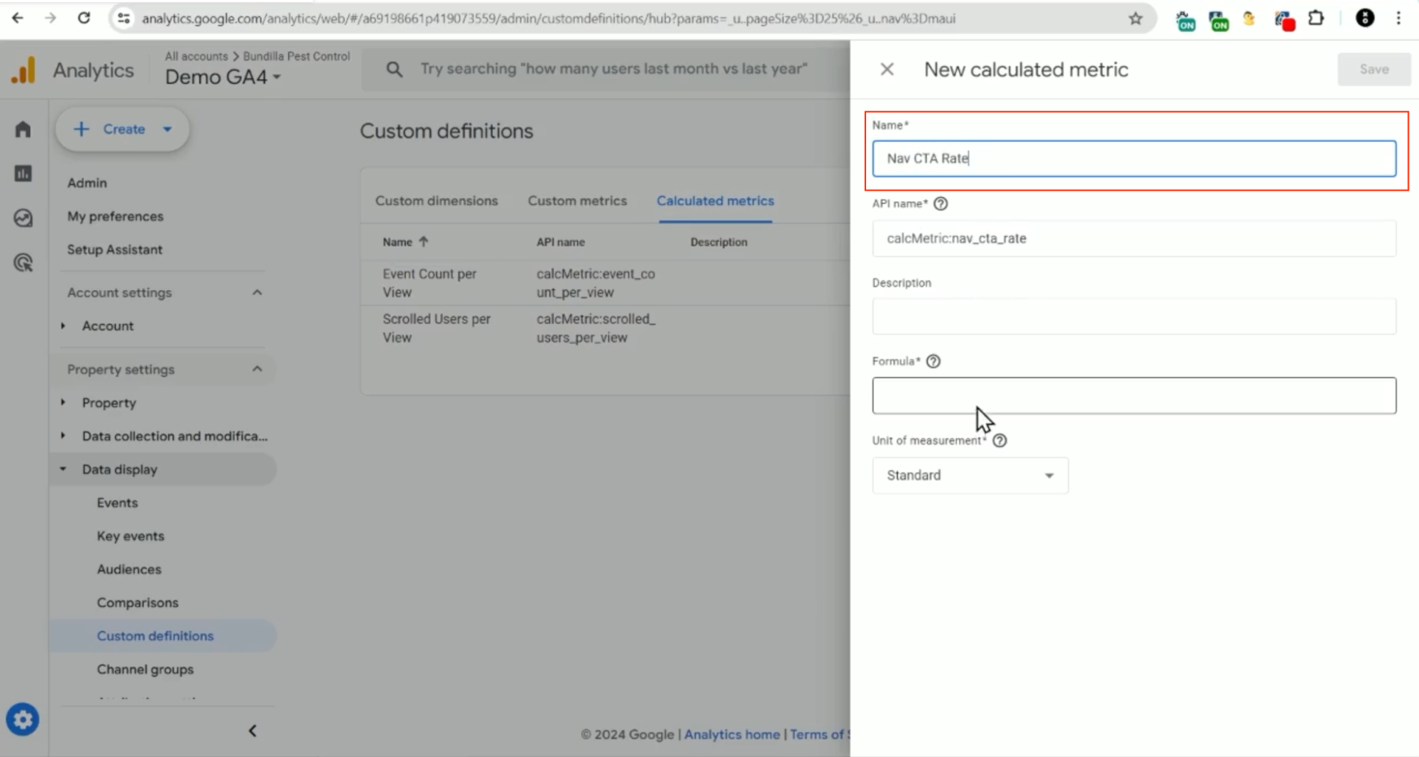 New calculated metric - add name - step 2