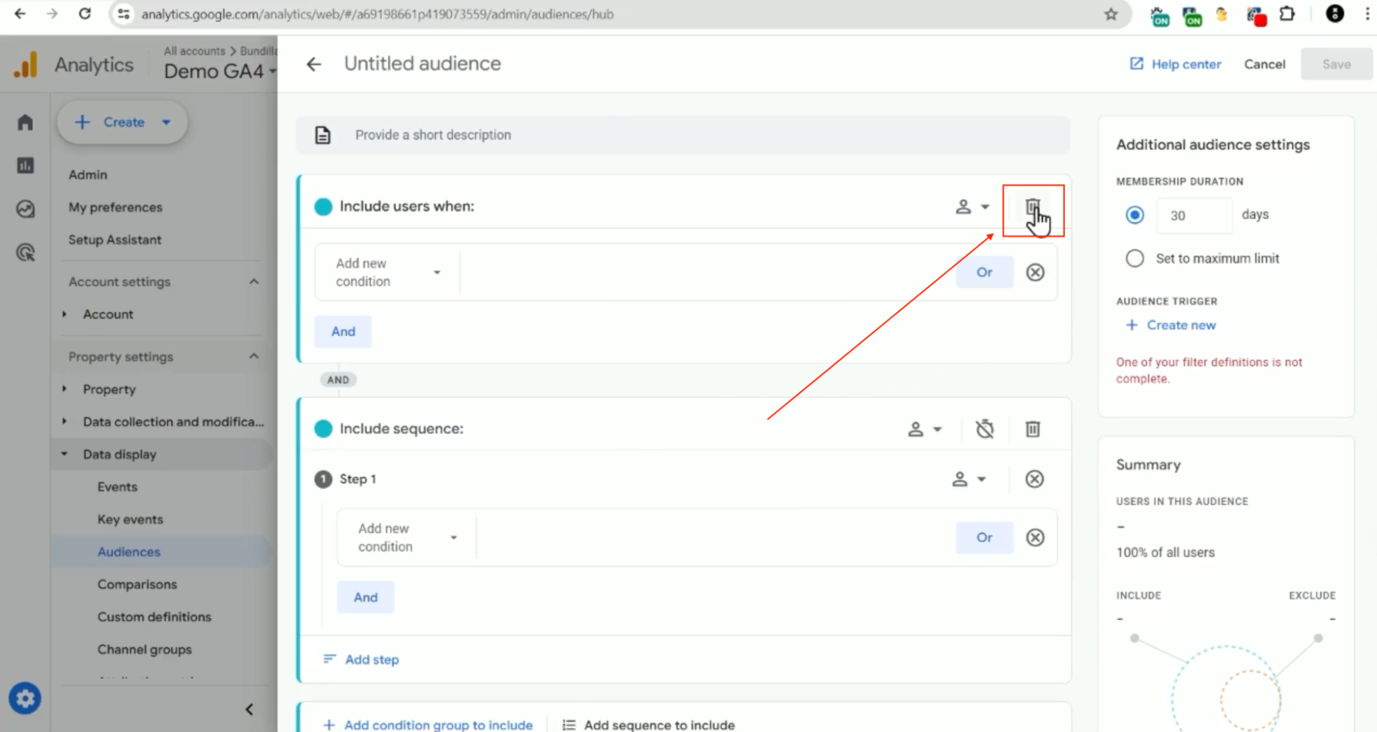 GA4 audience: delete include users when condition