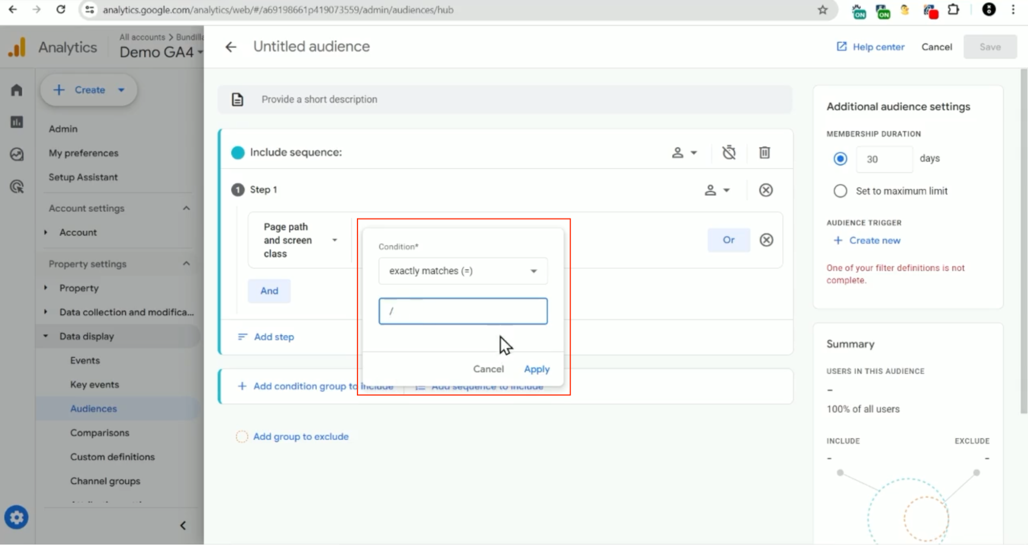 GA4 audiences: add filter