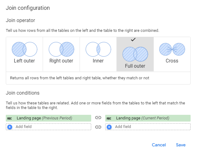 Join configuration in Looker Studio using Full outer join operator to combine