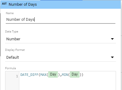 Number of Days formula in Looker Studio using the DATE_DIFF, Max and Min functions.