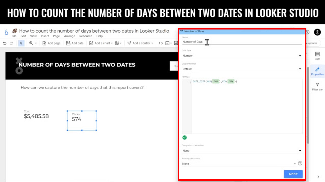 Example of DATE_DIFF function used to count the number of days between two dates in Looker Studio