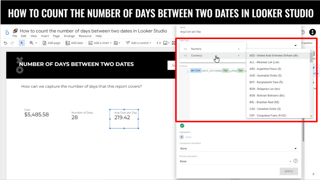 Changing data type to a currency in Looker Studio