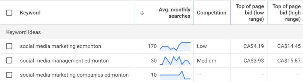 Using more specific keywords like “social media service edmonton” in Keyword Planner to show other keyword ideas.