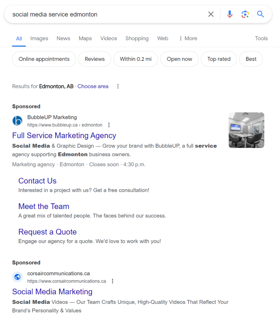 The search query "social media service edmonton" shown in Google search engine results page.