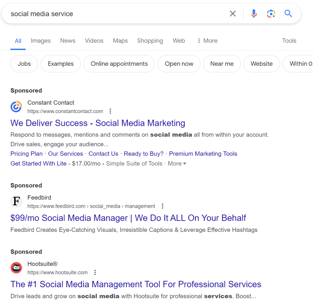 The search query "social media service" shown in Google search engine results page.