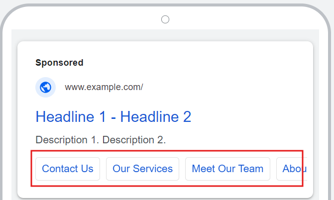 A digital ad on a mobile device with sitelinks at the bottom, including options like 'Contact Us,' 'Our Services,' 'Meet Our Team,' and 'About.