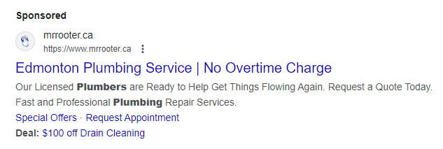 Advertisement for Mr. Rooter Plumbing Services in Edmonton, offering no overtime charges and a $100 discount on drain cleaning.