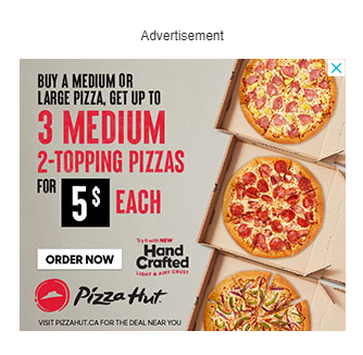 Pizza Hut display ad offering up to 3 medium 2-topping pizzas for $5 each when you buy a medium or large pizza. The ad features images of three pizzas with different toppings.