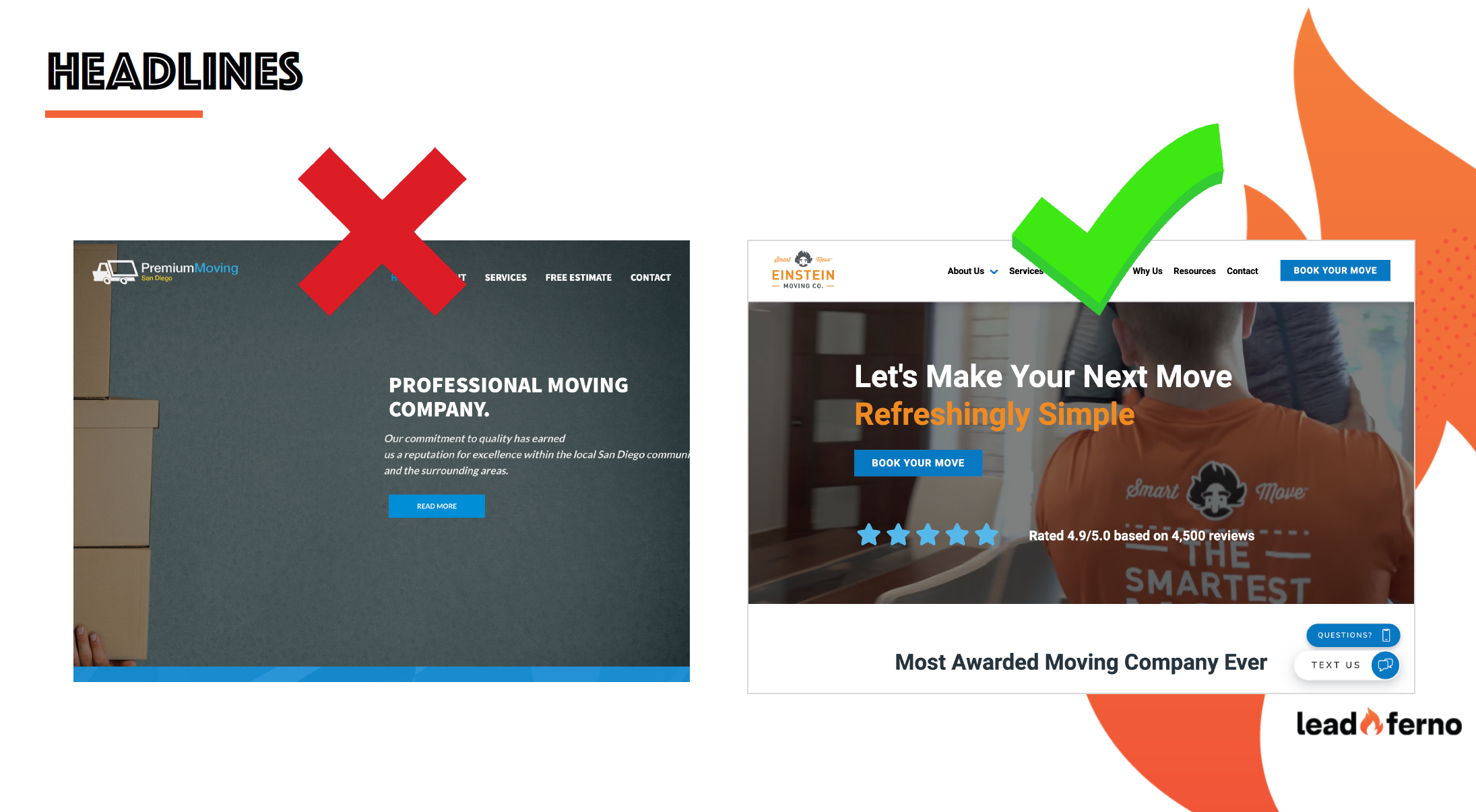 Example of moving companies headlines on their website. One wrong and one right.