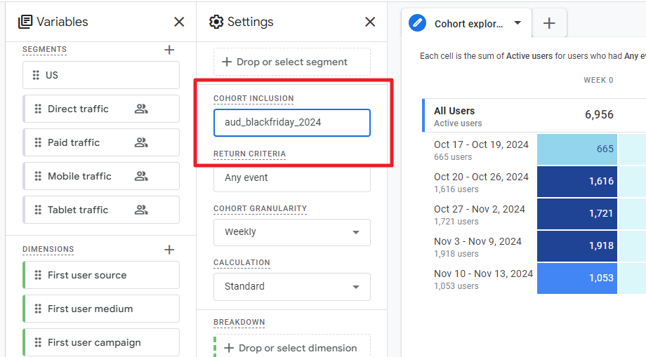 Example of a Cohort Exploration in GA4 using a custom Black Friday audience.