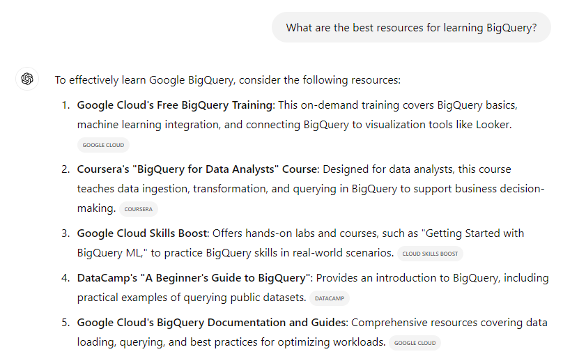 Example of AI Tool, ChatGPT, mentioning different websites for the query, What are the best resources for learning BigQuery?