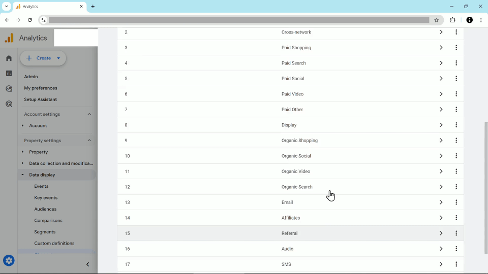 Animated GIF showing how to reorder channels in GA4