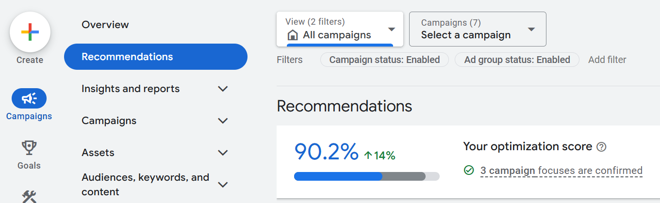 Google Ads Dashboard showing how to navigate to the Recommendations tab