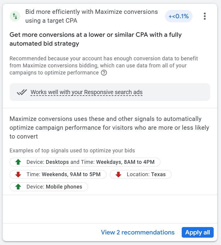 Google Ads Recommendation for switching your campaign to a Maximize Conversions (tCPA) bidding strategy