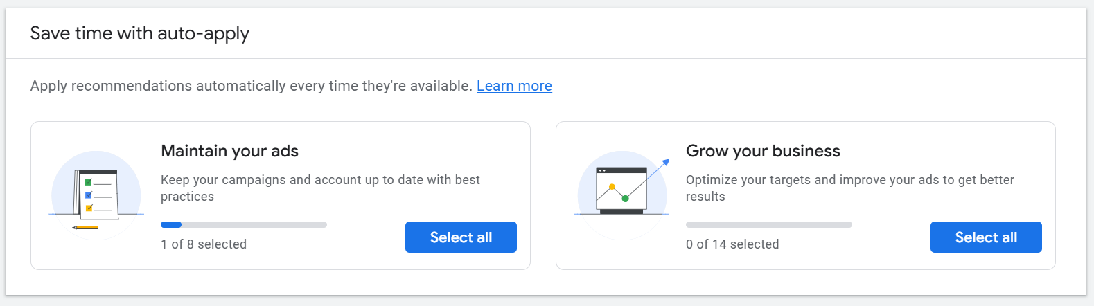 Google Ads Auto-Apply Recommendation options