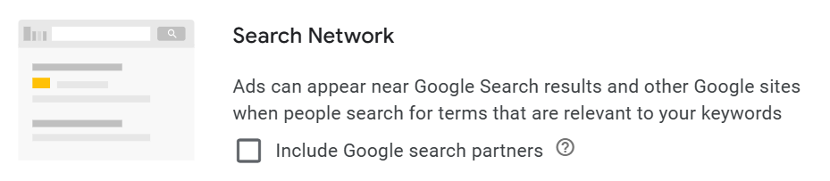 The turn on option for Google Ads Search Partners