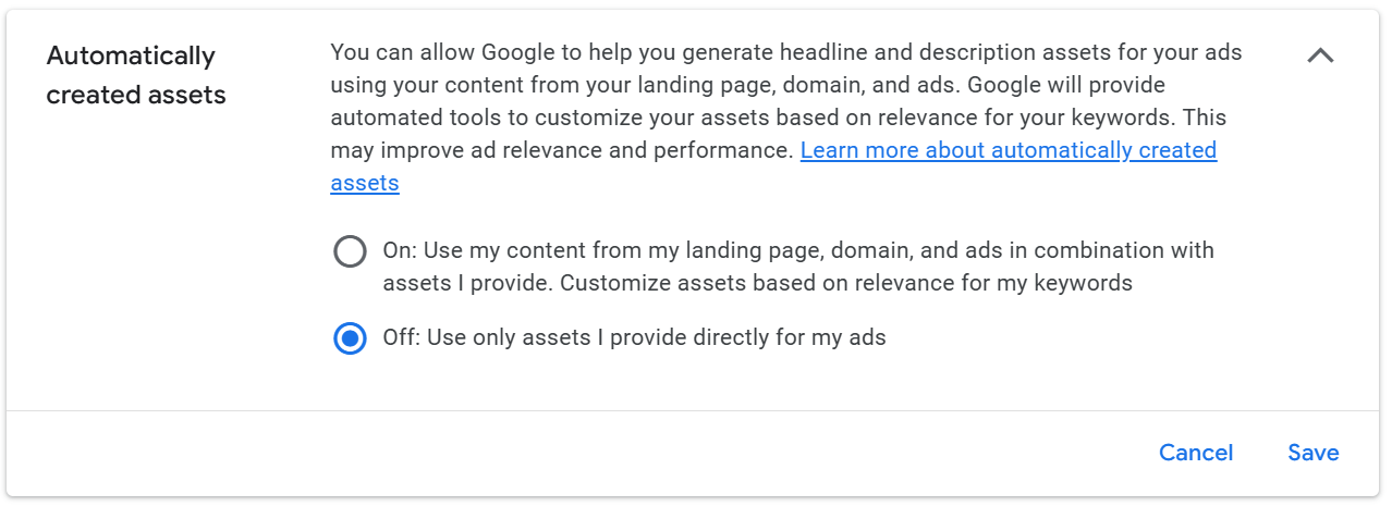 Google Ads setting for Automatically Created Assets, with the "off" option selected