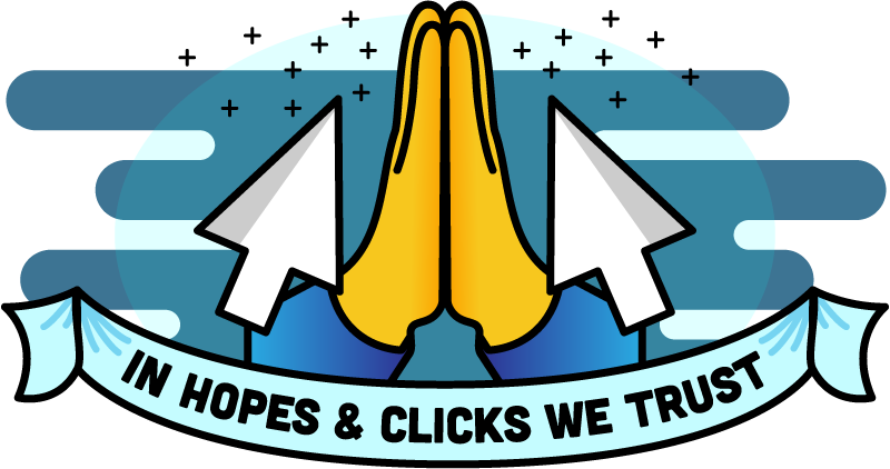 An illustration of prayer hands and mouse pointer with text saying in hopes and clicks we trust